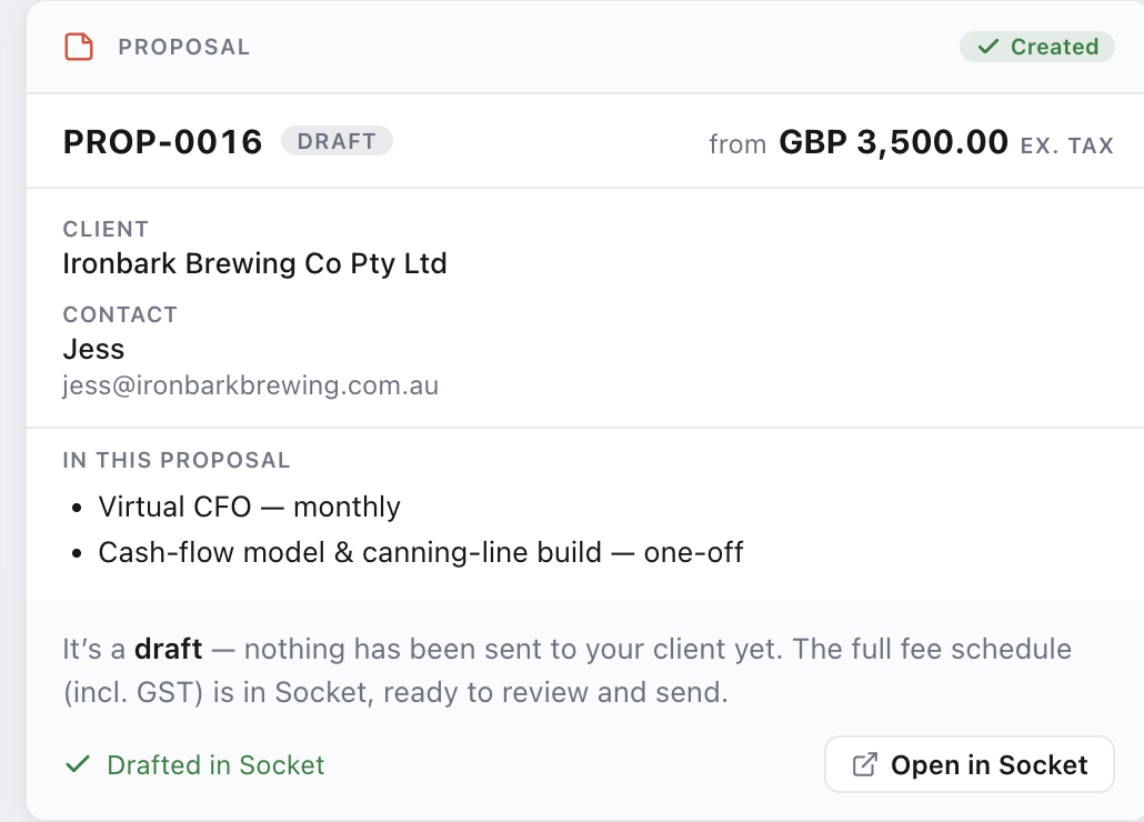 The proposal created as a draft in Socket, ready to review and send